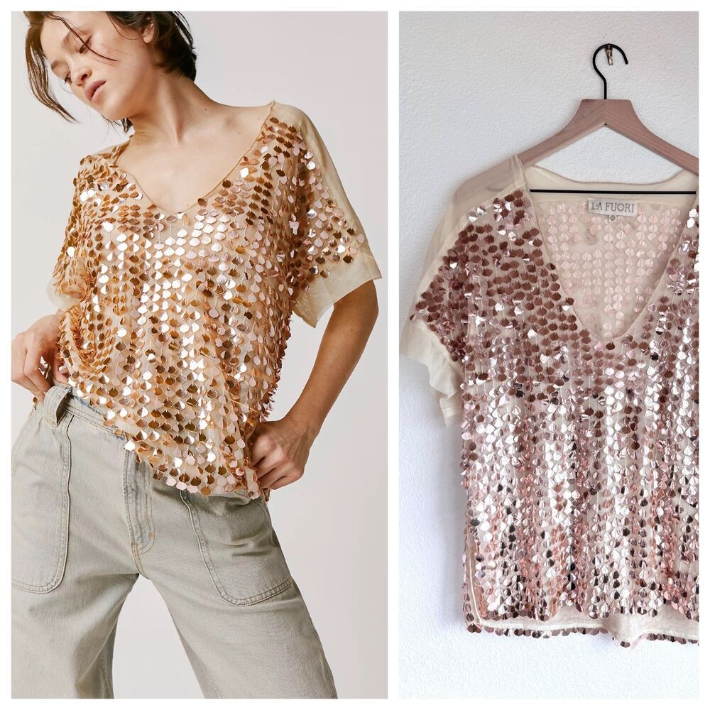 NEW Free People x Là Fuori Watch Her Shine Sequin Blouse in Pretty Pink Rose XS